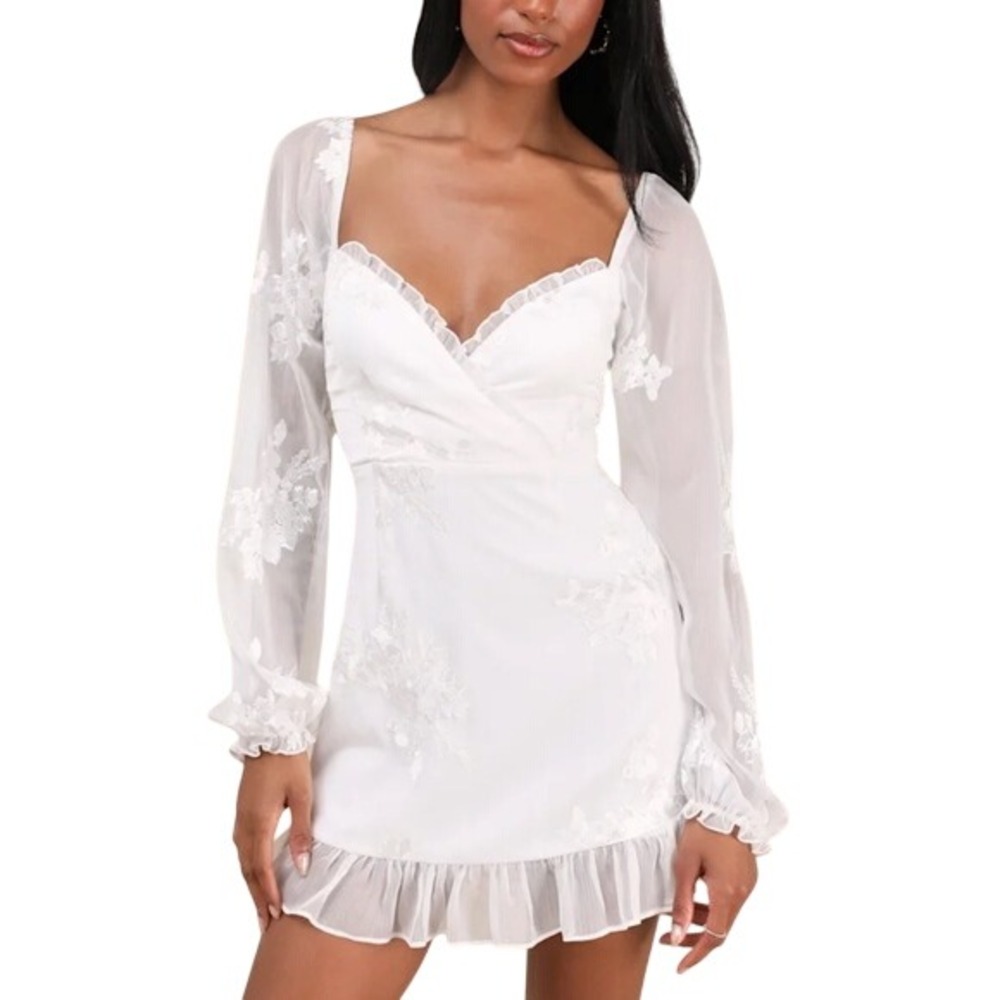Lulus Womens Babydoll Floral Embroidered Dress Mini‎ Dress Sz M Coquette Boho